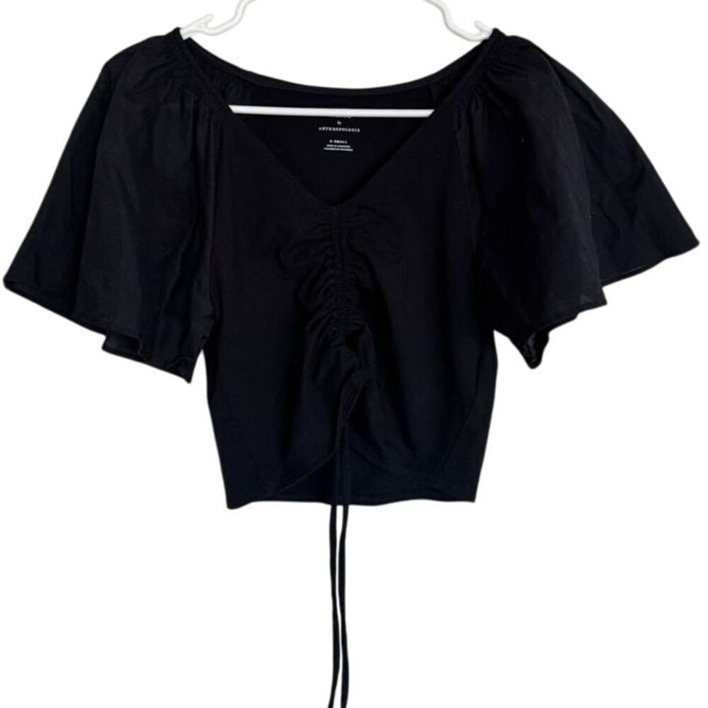 Maeve by Anthropologie black flutter sleeve cinch blouse Women's XS g1‎